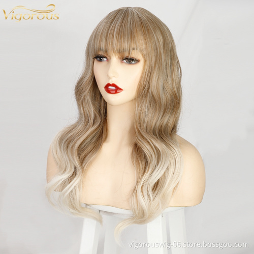 Vigorous wholesale synthetic wig vendor highlight long and ombre blonde curly wave hair wigs for white women cosplay party wigs